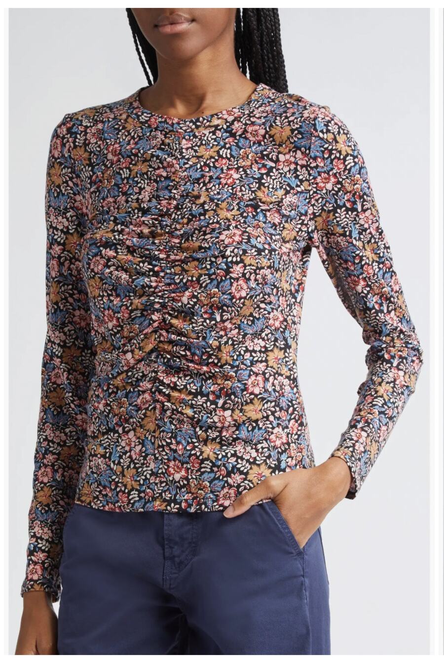 Veronica Beard Detta Ruched Floral Long Sleeve Tencel blend Top sz L